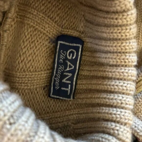 Gant Rugger Beige Wool Hoodie Jacket sz M RARE Cable Knit Sweater Varsity Preppy - Picture 3 of 11